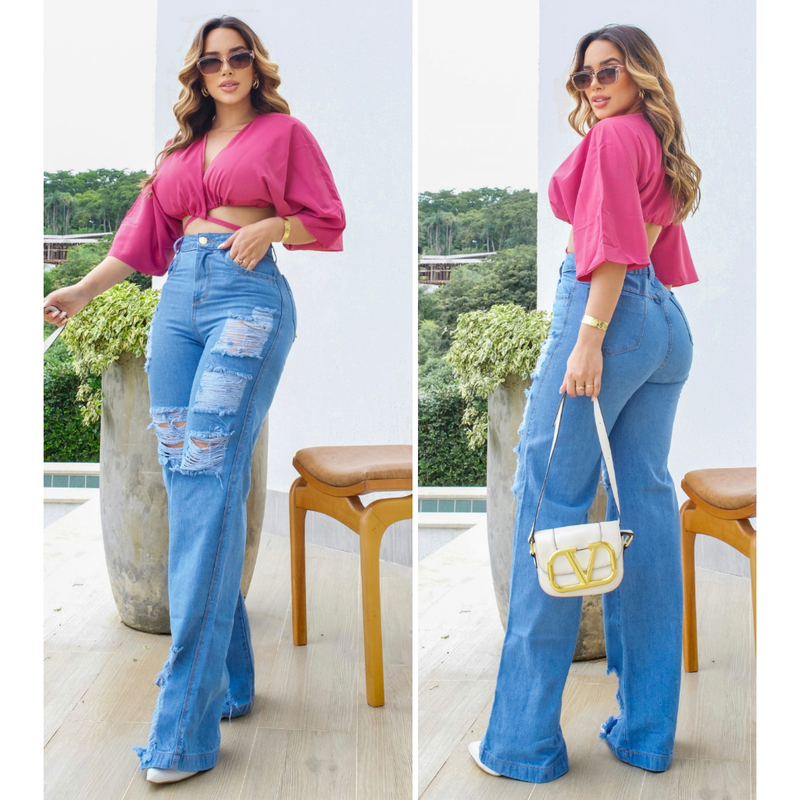 Calça Wide Leg Jeans Feminina Pantalona Cintura Alta 100% Algodão