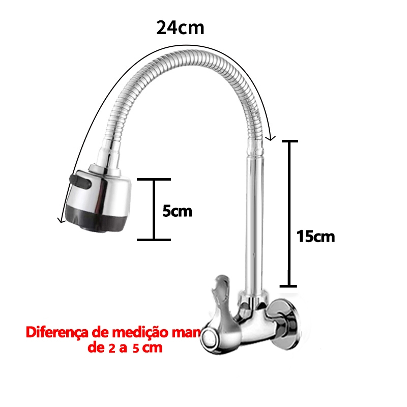 Torneira Gourmet Flexível Cozinha Pretomesa Parede Cobre banhado a prata Duplo Jato Cone 1/4 de Volta