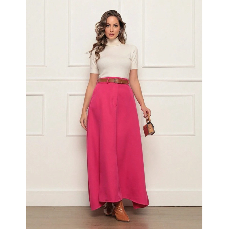 Saia Longa Feminina Alfaiataria Moda Evangélica Casual Básica Inverno Cintura Alta Elegante Tendência