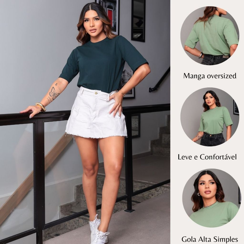 Kit 2 T-shirt Feminina Camiseta Gola Alta Simples 100% Algodão Premium T-shirt Marrom Choco Mousse Gola Ribana