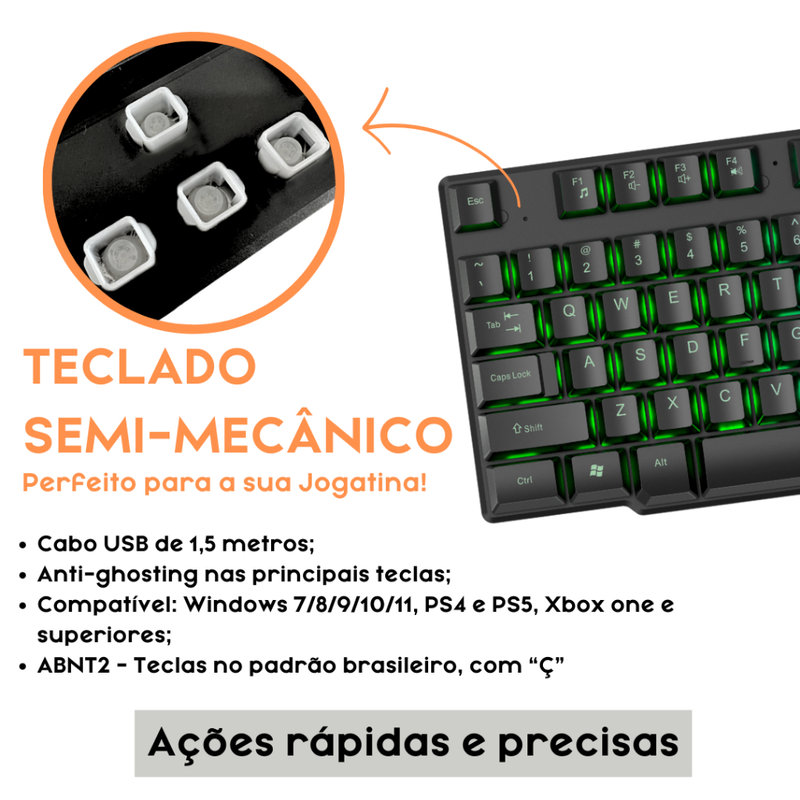 Kit Gamer Teclado Semi-mecânico + Mouse Gamer RGB Dpi + Mouse Pad Computador Notebook e Vídeogame
