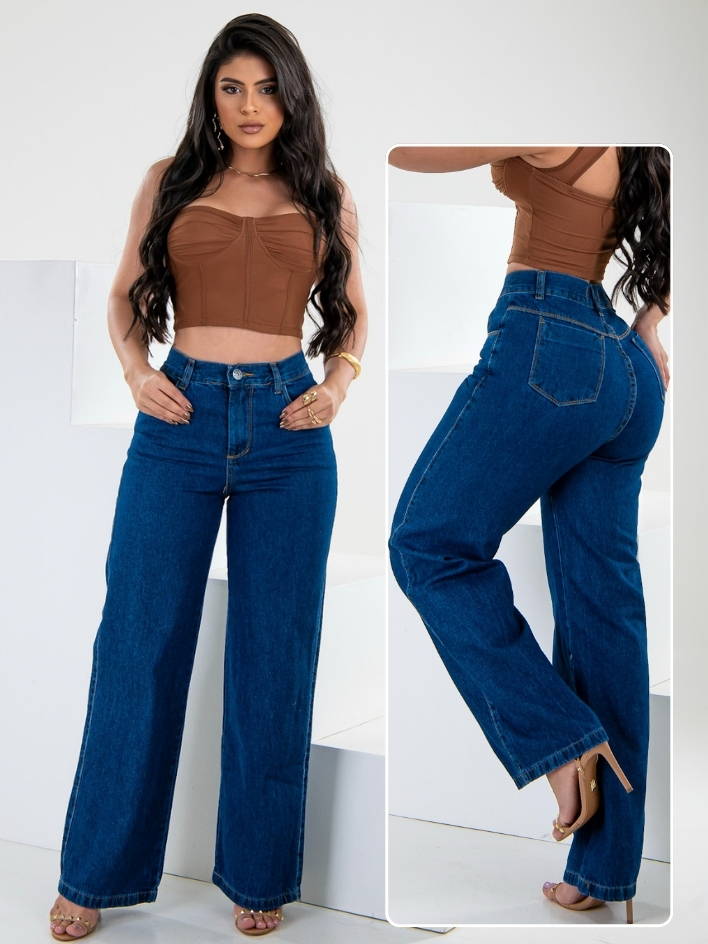 Calça Wide Leg Jeans Feminina Pantalona Cintura Alta 100% Algodão