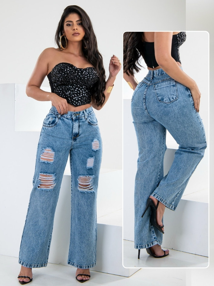 Calça Wide Leg Jeans Feminina Pantalona Cintura Alta 100% Algodão