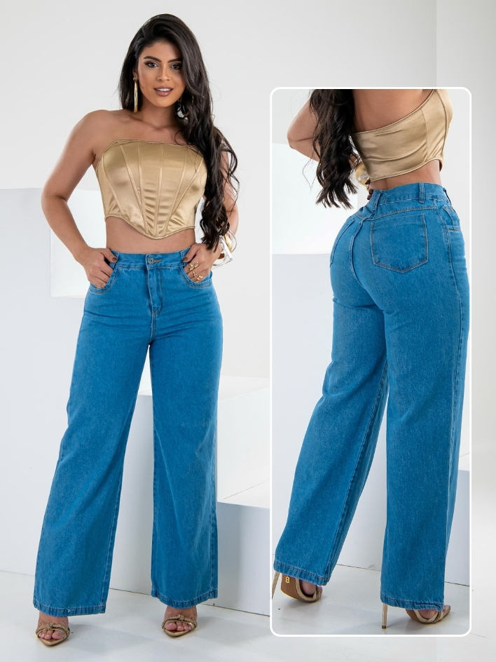 Calça Wide Leg Jeans Feminina Pantalona Cintura Alta 100% Algodão