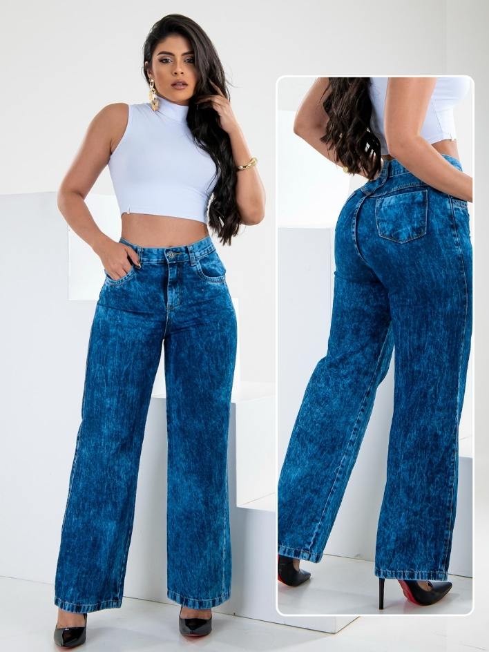 Calça Wide Leg Jeans Feminina Pantalona Cintura Alta 100% Algodão