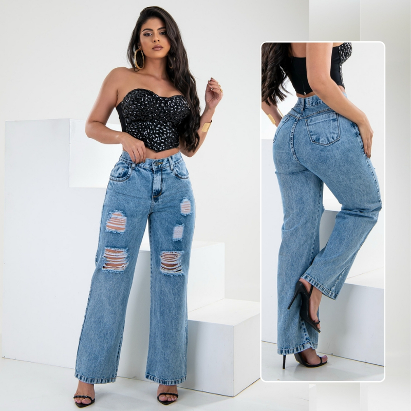 Calça Wide Leg Jeans Feminina Pantalona Cintura Alta 100% Algodão