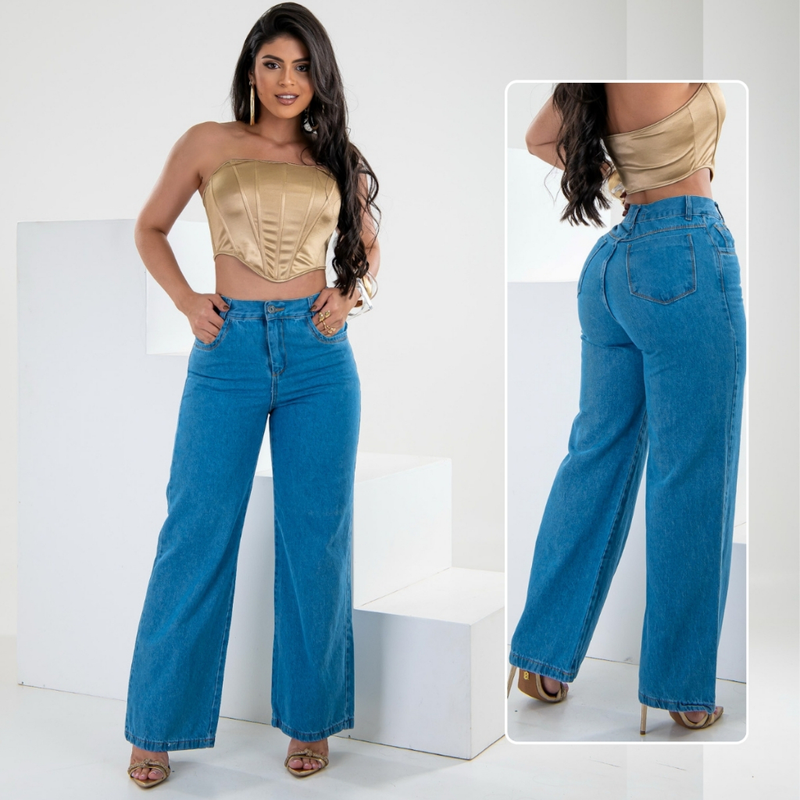 Calça Wide Leg Jeans Feminina Pantalona Cintura Alta 100% Algodão