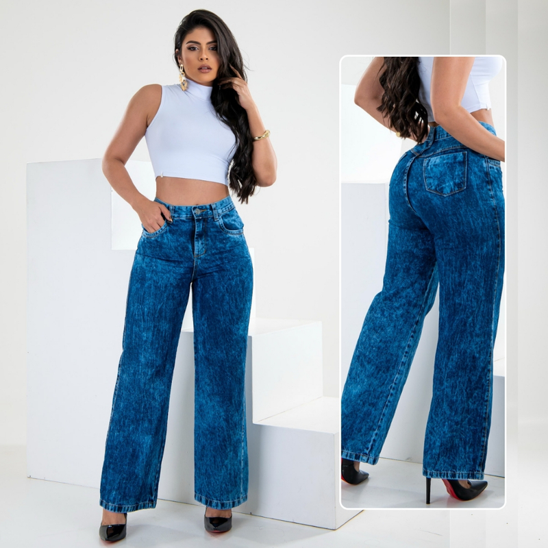 Calça Wide Leg Jeans Feminina Pantalona Cintura Alta 100% Algodão