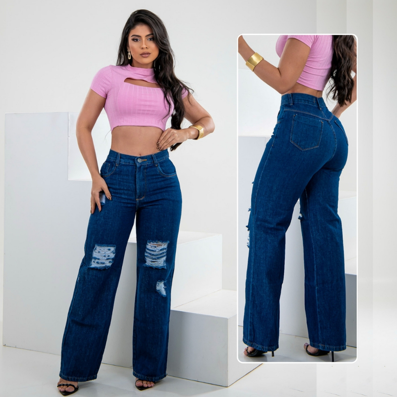 Calça Wide Leg Jeans Feminina Pantalona Cintura Alta 100% Algodão