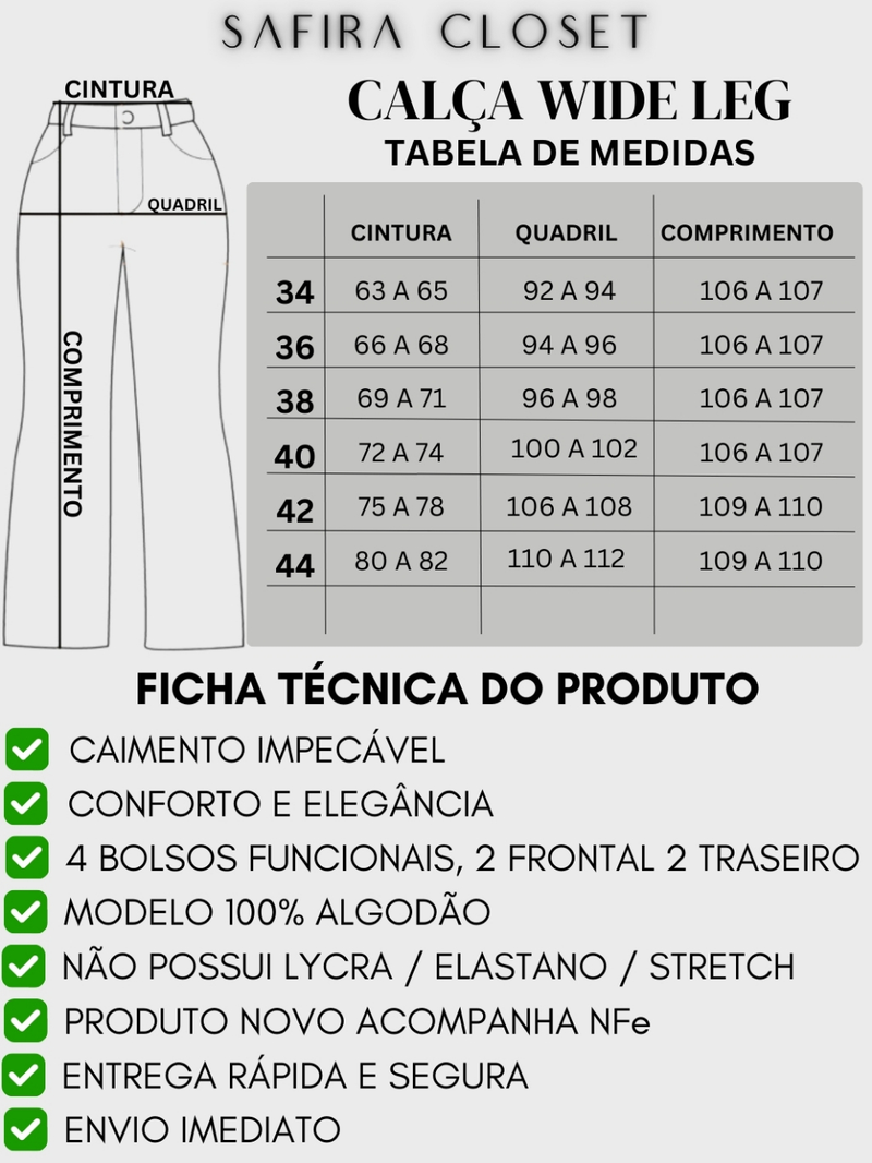 Calça Wide Leg Jeans Feminina Pantalona Cintura Alta 100% Algodão