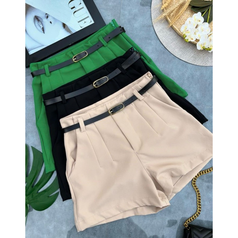 short feminino alfaiataria com cinto social cintura alta com bolso tendência lançamento 2025