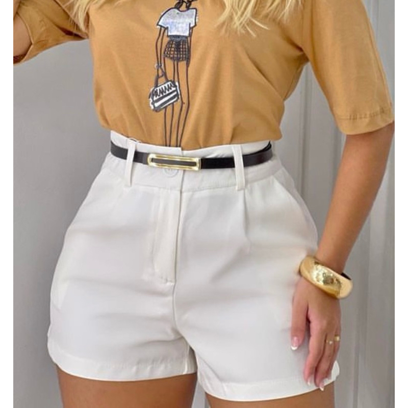 short feminino alfaiataria com cinto social cintura alta com bolso tendência lançamento 2025