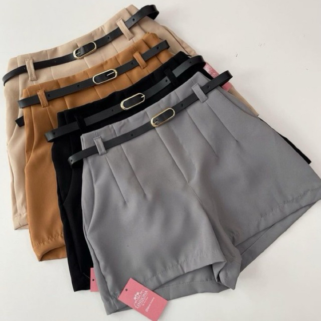 short feminino alfaiataria com cinto social cintura alta com bolso tendência lançamento 2025