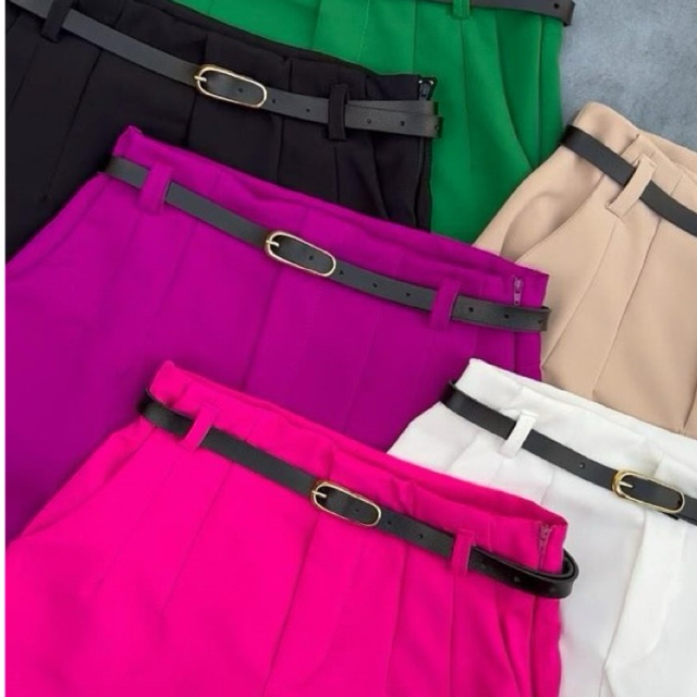 short feminino alfaiataria com cinto social cintura alta com bolso tendência lançamento 2025