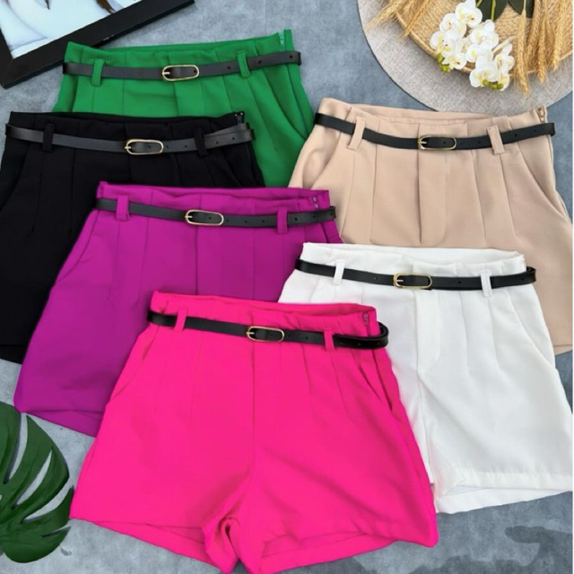 short feminino alfaiataria com cinto social cintura alta com bolso tendência lançamento 2025