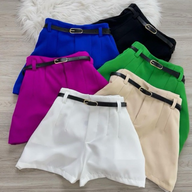 short feminino alfaiataria com cinto social cintura alta com bolso tendência lançamento 2025