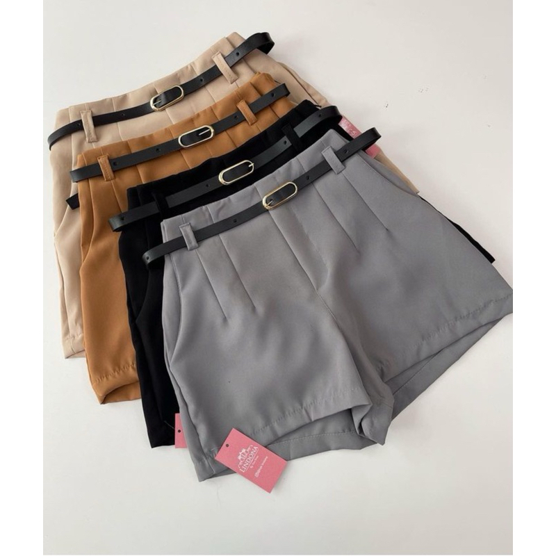 short feminino alfaiataria com cinto social cintura alta com bolso tendência lançamento 2025