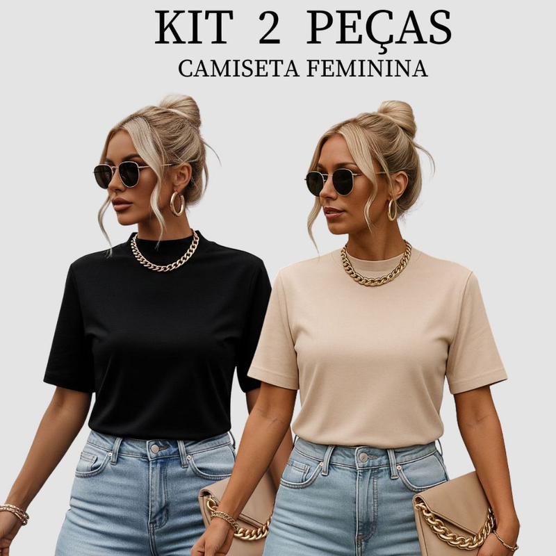 Kit 2 T-shirt Feminina Camiseta Gola Alta Simples 100% Algodão Premium T-shirt Marrom Choco Mousse Gola Ribana