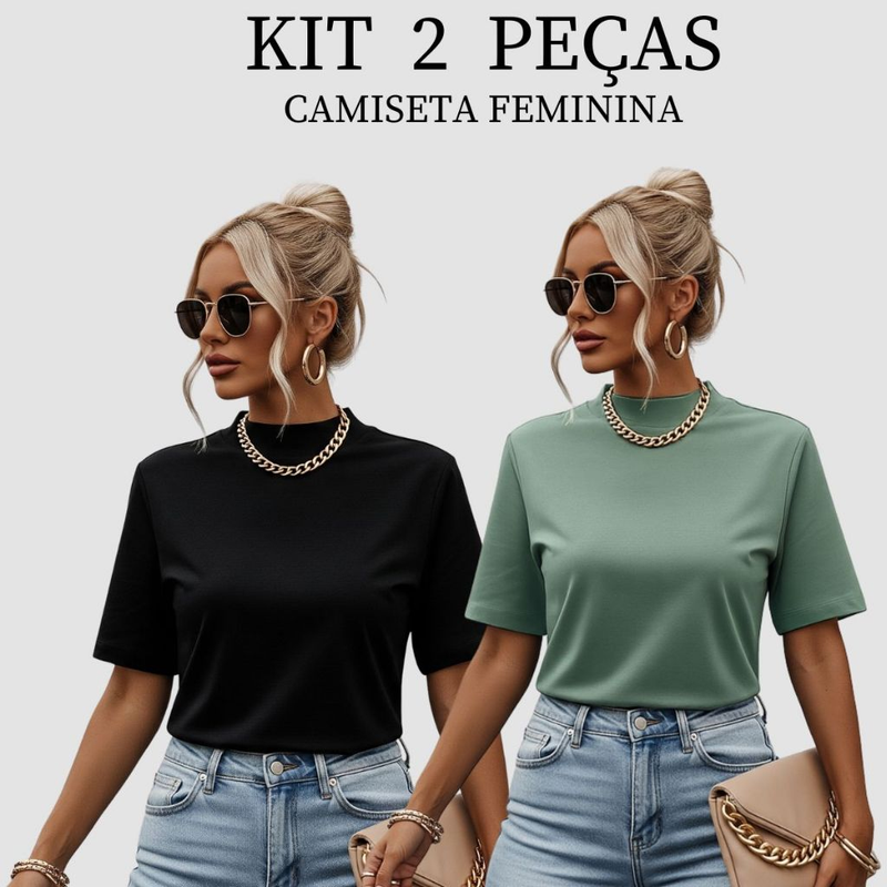 Kit 2 T-shirt Feminina Camiseta Gola Alta Simples 100% Algodão Premium