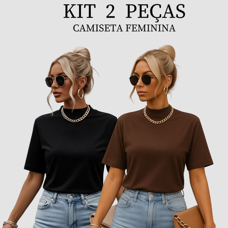 Kit 2 T-shirt Feminina Camiseta Gola Alta Simples 100% Algodão Premium