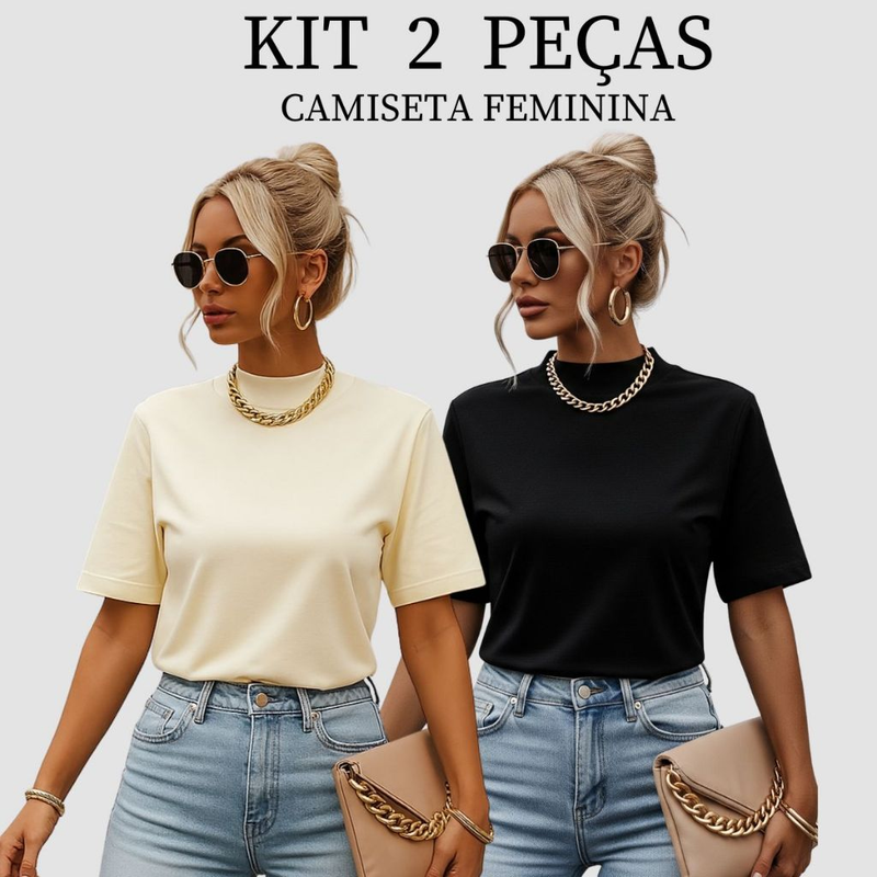 Kit 2 T-shirt Feminina Camiseta Gola Alta Simples 100% Algodão Premium