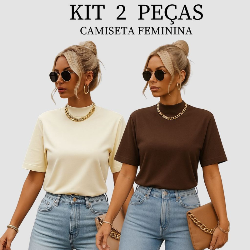 Kit 2 T-shirt Feminina Camiseta Gola Alta Simples 100% Algodão Premium