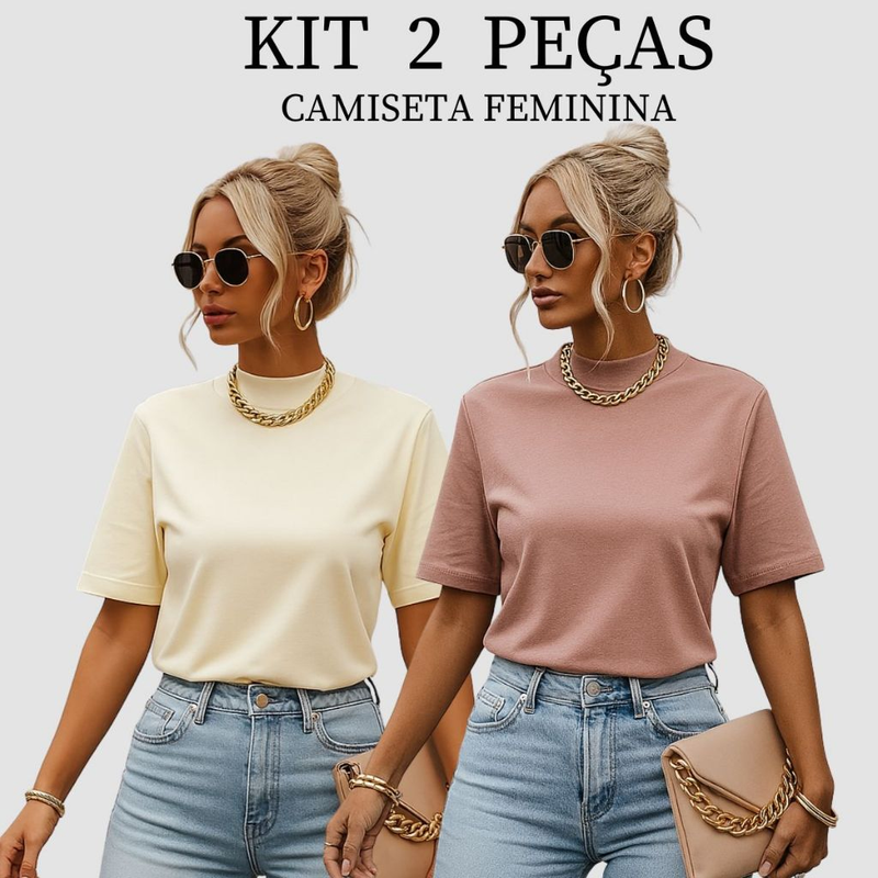 Kit 2 T-shirt Feminina Camiseta Gola Alta Simples 100% Algodão Premium