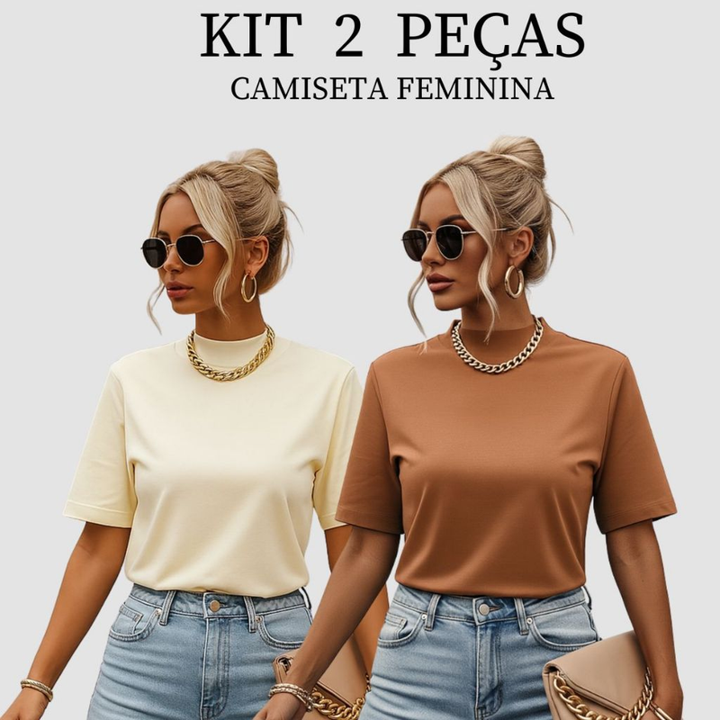 Kit 2 T-shirt Feminina Camiseta Gola Alta Simples 100% Algodão Premium