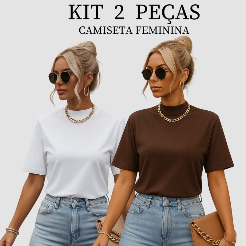 Kit 2 T-shirt Feminina Camiseta Gola Alta Simples 100% Algodão Premium