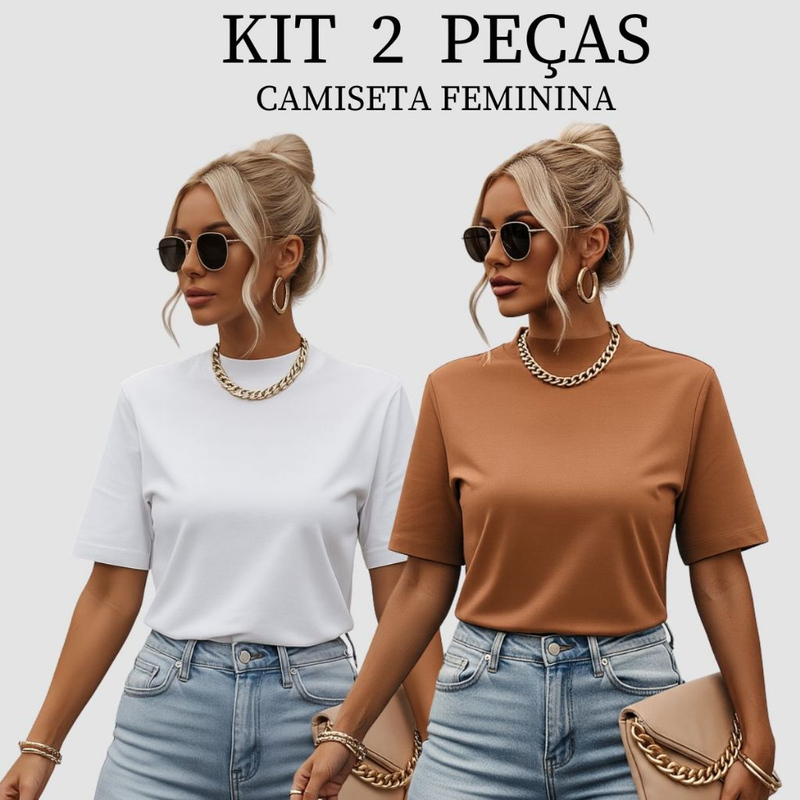 Kit 2 T-shirt Feminina Camiseta Gola Alta Simples 100% Algodão Premium