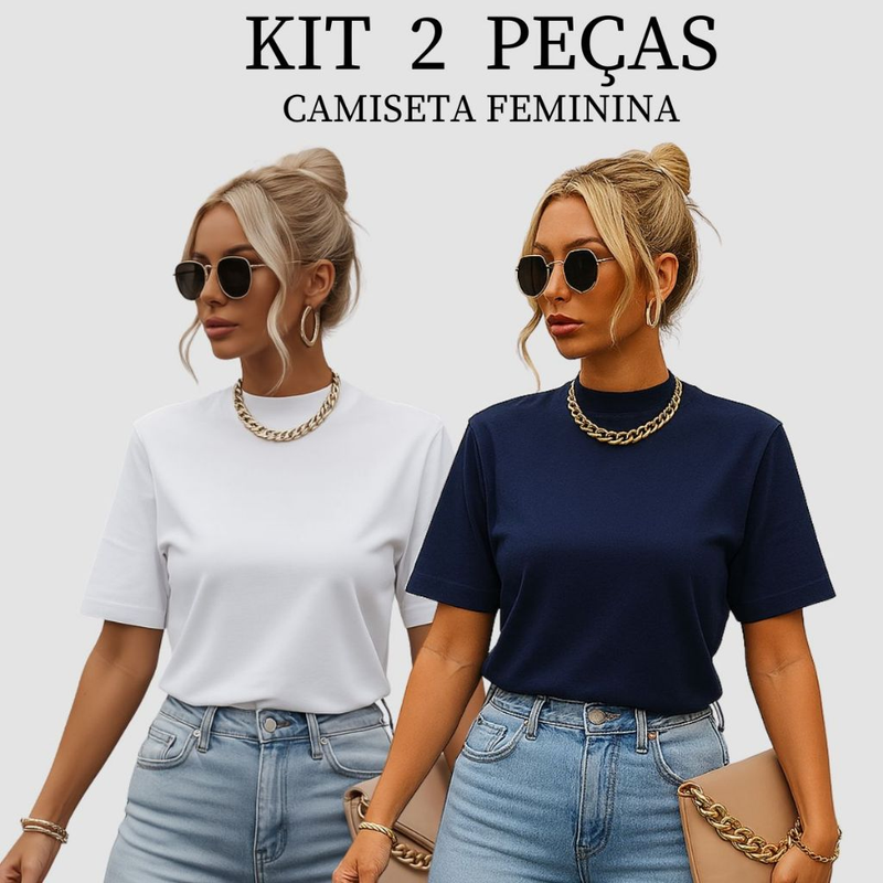 Kit 2 T-shirt Feminina Camiseta Gola Alta Simples 100% Algodão Premium
