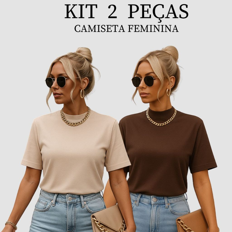 Kit 2 T-shirt Feminina Camiseta Gola Alta Simples 100% Algodão Premium