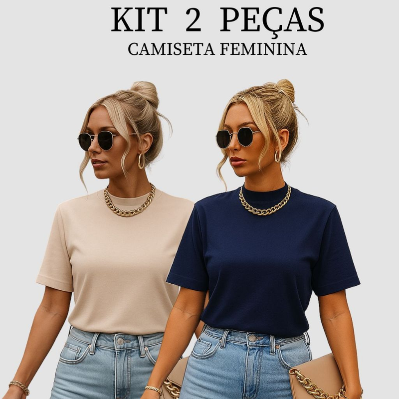 Kit 2 T-shirt Feminina Camiseta Gola Alta Simples 100% Algodão Premium