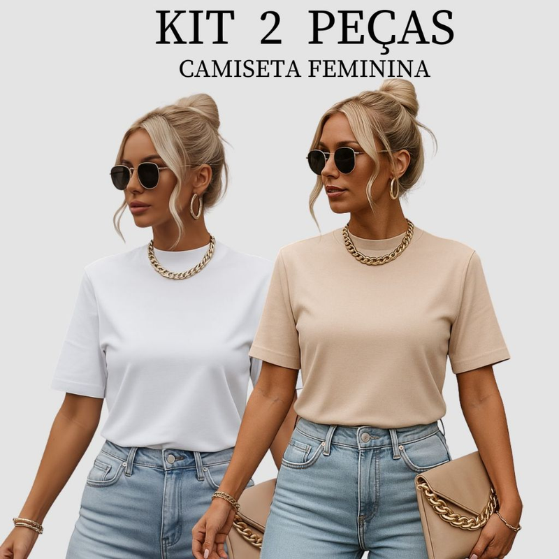 Kit 2 T-shirt Feminina Camiseta Gola Alta Simples 100% Algodão Premium
