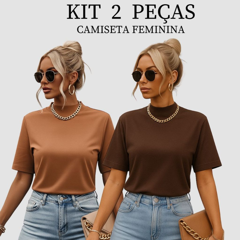 Kit 2 T-shirt Feminina Camiseta Gola Alta Simples 100% Algodão Premium