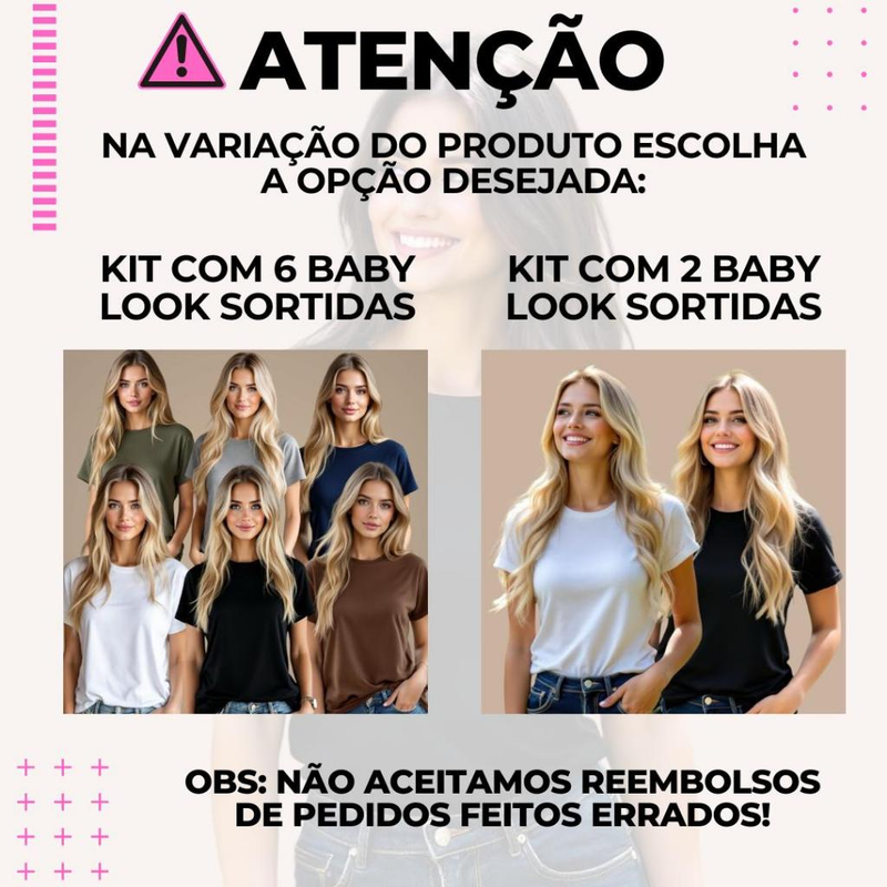 Kit 6 Camisa Feminina Básica Baby Look T-Shirt 100% Algodão