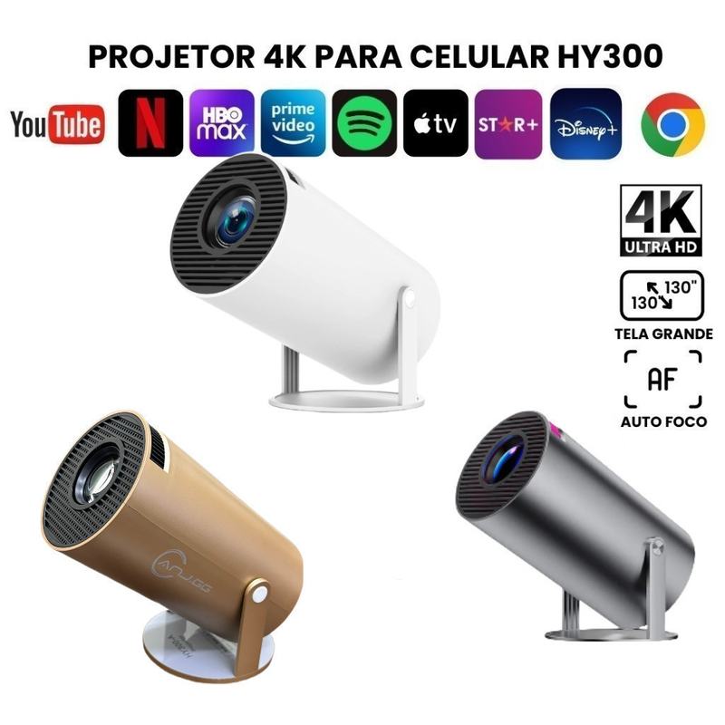 Projetor 4K HD 150 polegadas para celular, TV Box, Xbox, PS, PC, Wi-Fi e Bluetooth HY300 110/220